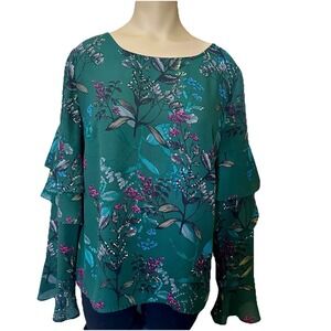 Banana Republic Blouse Women's Small Green Floral Ruffle Sleeve Flutter Boho EUC